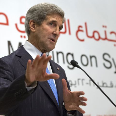 U.S. Secretary of State John Kerry speaks about Syria at a news conference in Doha, on June 22, 2013. Kerry began an overseas trip plunging into two thorny foreign policy problems facing the Obama administration: unrelenting bloodshed in Syria and...