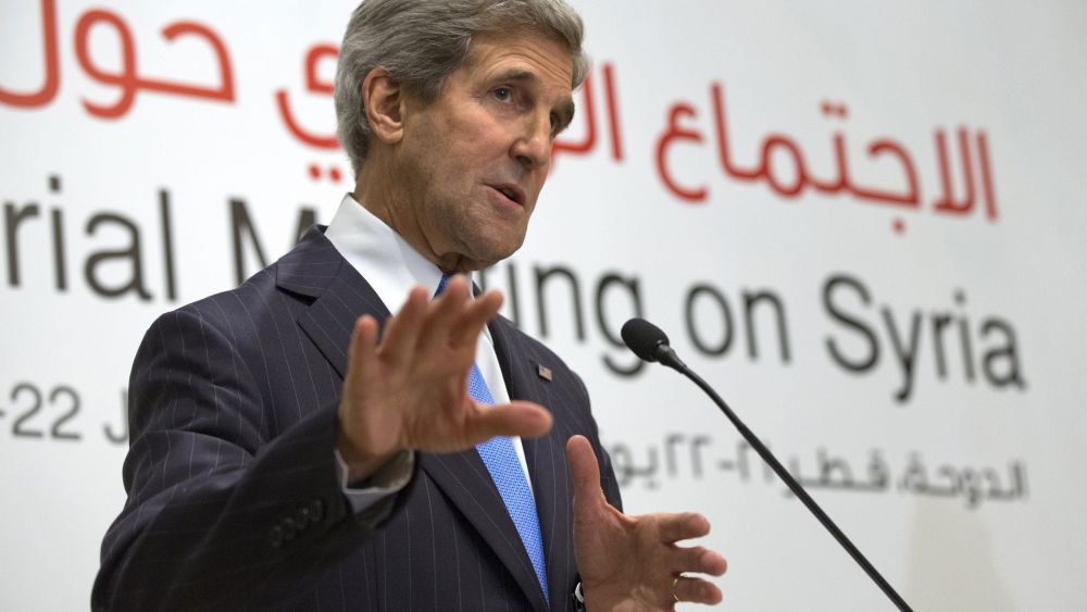 U.S. Secretary of State John Kerry speaks about Syria at a news conference in Doha, on June 22, 2013. Kerry began an overseas trip plunging into two thorny foreign policy problems facing the Obama administration: unrelenting bloodshed in Syria and...