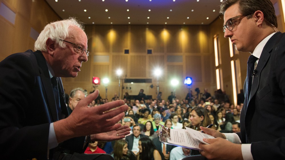 Democratic presidential candidate Bernie Sanders speaks during a town hall with MSNBC's Chris Hayes, April 25, 2016, in Philadelphia. (Photo by Nathan Congleton for MSNBC)
