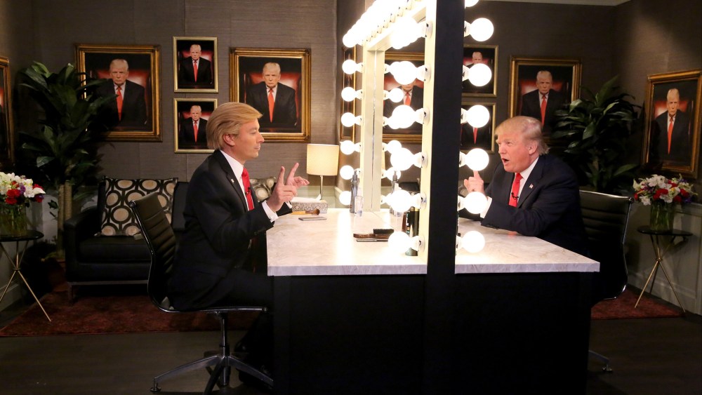 Donald Trump is mirrored by Jimmy Fallon on The Tonight Show Starring Jimmy Fallon, Sept. 11, 2015. (Photo by Douglas Gorenstein/NBC)