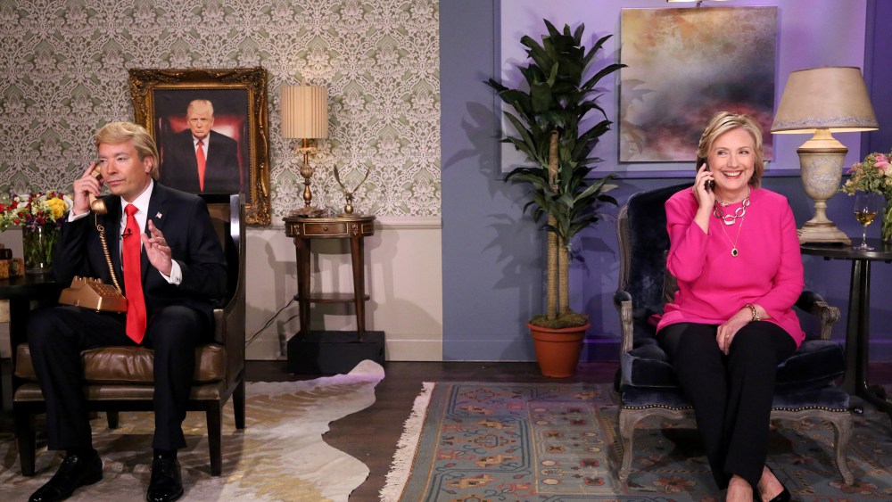 Jimmy Fallon as Donald Trump and Hillary Rodham Clinton during the "Trump calls Hillary" skit on Sept. 16, 2015. (Photo by Douglas Gorenstein/NBC)