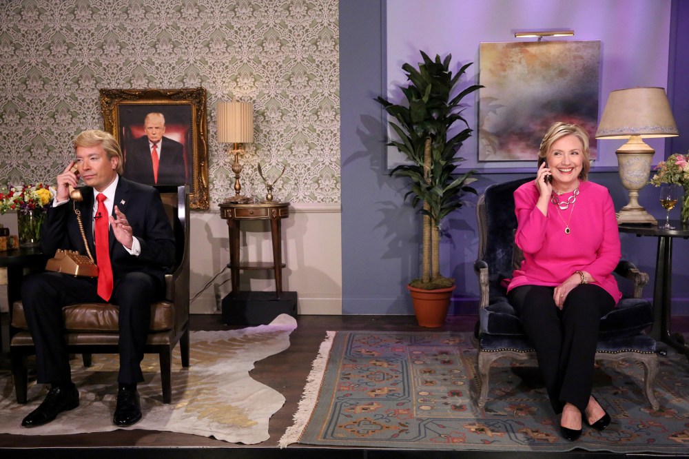 Jimmy Fallon as Donald Trump and Hillary Rodham Clinton during the "Trump calls Hillary" skit on Sept. 16, 2015. (Photo by Douglas Gorenstein/NBC)