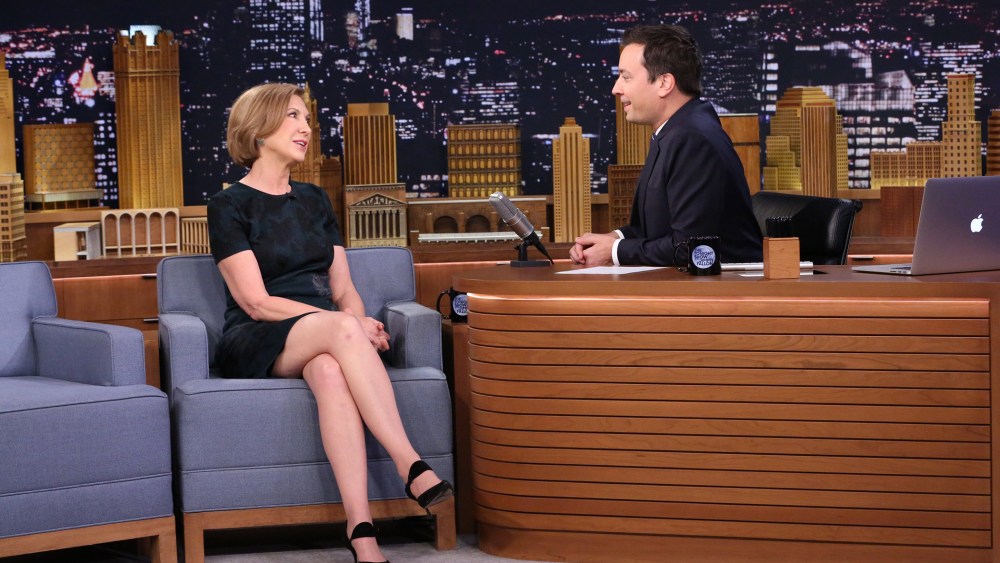Politician Carly Fiorina speaks with host Jimmy Fallon on the set of the Tonight Show, Sept. 21, 2015. (Photo by Douglas Gorenstein/NBC)