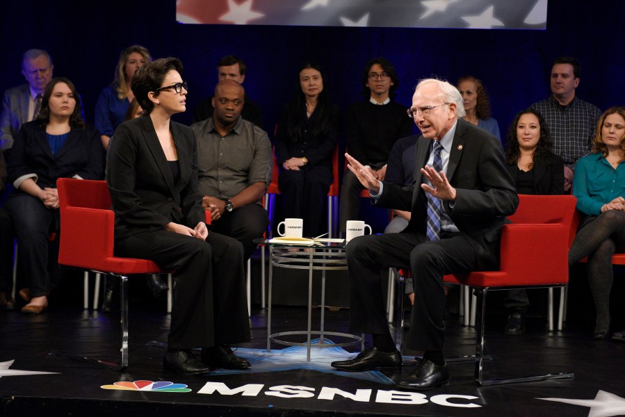 Cecily Strong as Rachel Maddow questions Larry David as Bernie Sanders during a mock MSNBC Forum cold open sketch on Nov. 7, 2015. (Photo by Dana Edelson/NBC)