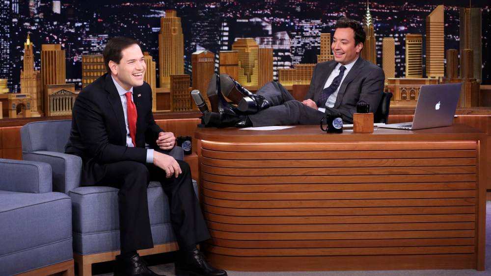 Senator Marco Rubio laughs during an interview with Jimmy Fallon on The Tonight Show, Jan. 21, 2016. (Photo by Andrew Lipovsky/NBC)