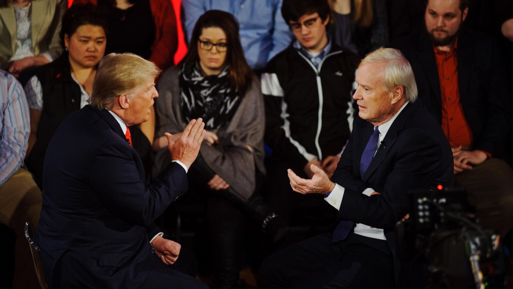 Donald Trump argues a point during an MSNBC interview with Chris Matthews, March 30, 2016. (Photo by Timothy Hiatt/MSNBC)