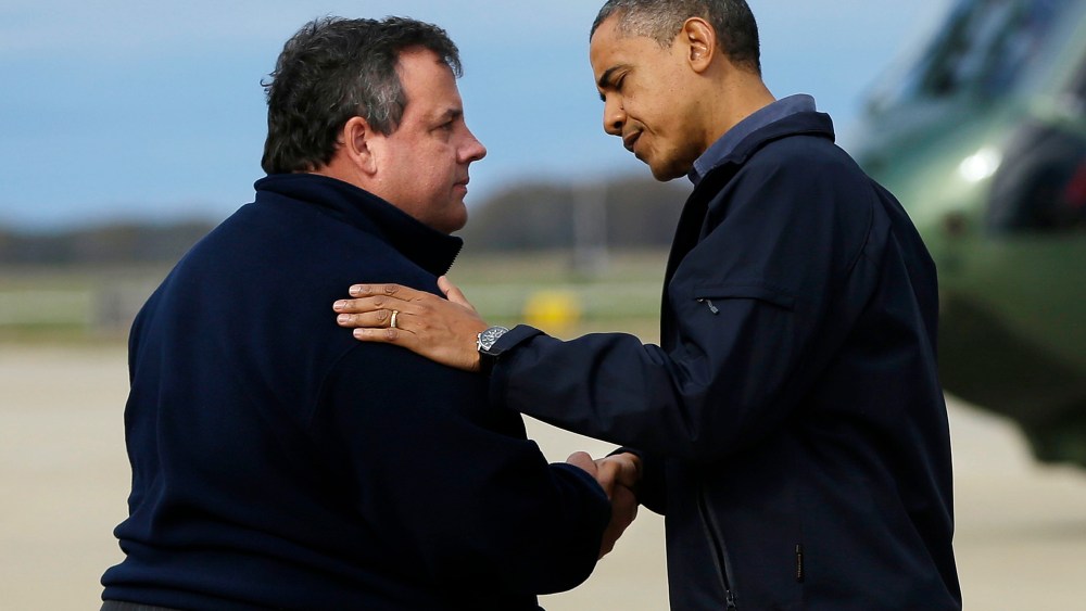 President Barack Obama is greeted by New Jersey Gov. Chris Christie upon his arrival at Atlantic City International Airport, Wednesday, Oct. 31, 2012, in Atlantic City, NJ. Obama traveled to the region to take an aerial tour of the Atlantic Coast in...