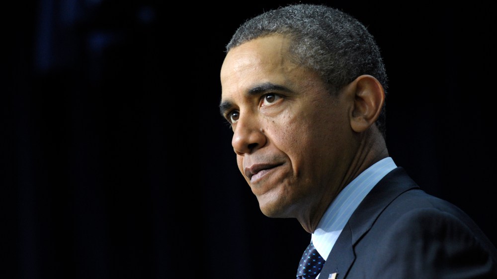 President Barack Obama pauses as he speaks in the South Court Auditorium of the Eisenhower Executive Office building on the White House complex in Washington, Tuesday, Feb. 19, 2013, to urge Congress to come up with an alternative plan to avert...