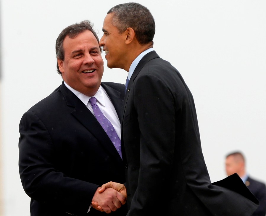 New Jersey Gov. Chris Christie greets President Barack Obama upon his arrival at McGuire Air Force Base, N.J., May 28, 2013. Obama toured the Jersey Shore’s recovery efforts from Hurricane Sandy. (AP Photo/Pablo Martinez Monsivais)