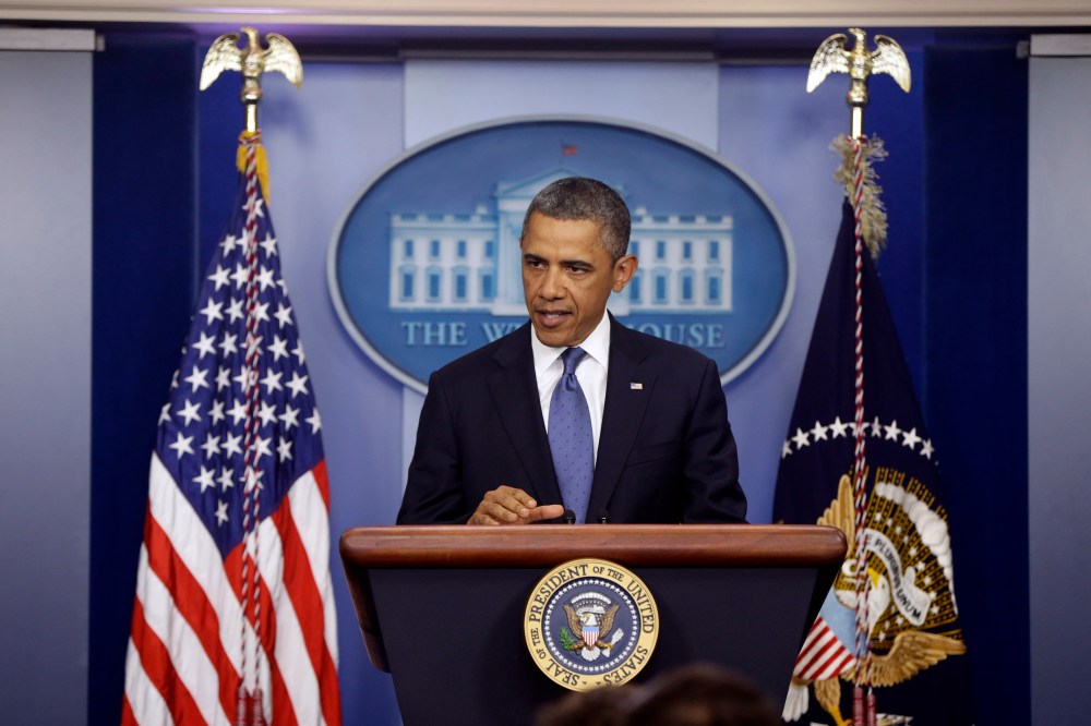 President Barack Obama speaks to reporters in the Brady Press Briefing Room at the White House in Washington after meeting with Congressional leaders regarding the fiscal cliff, Friday, Dec. 28, 2012. (Photo by Charles Dharapak/AP)