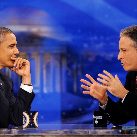 Jon Stewart talks with Barack Obama on Comedy Central's "Indecision 2010" on October 27, 2010 in Washington, DC. (Photo: AP/Olivier Douliery/Picture Group.)