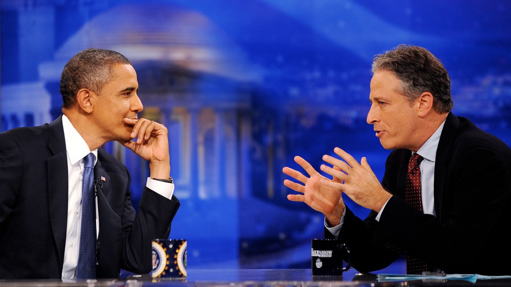 Jon Stewart talks with Barack Obama on Comedy Central's "Indecision 2010" on October 27, 2010 in Washington, DC. (Photo: AP/Olivier Douliery/Picture Group.)