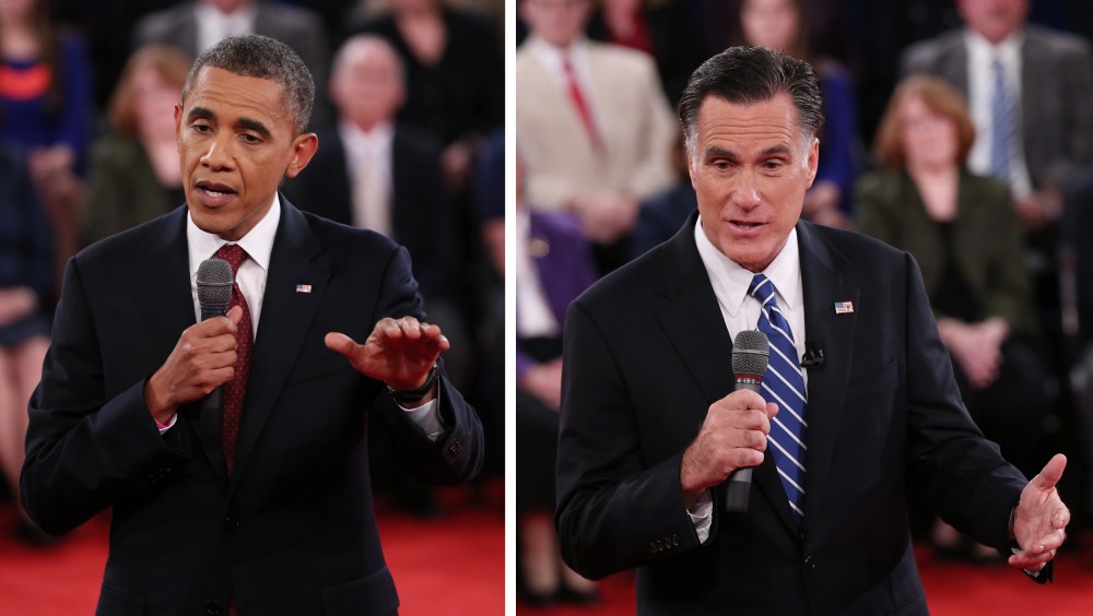 In a photo combo, President Barack Obama, left, and Republican presidential nominee Mitt Romney address the audience during the second presidential debate at Hofstra University, Tuesday, Oct. 16, 2012, in Hempstead, N.Y. (Photo: AP Photo/Pool-Shannon...