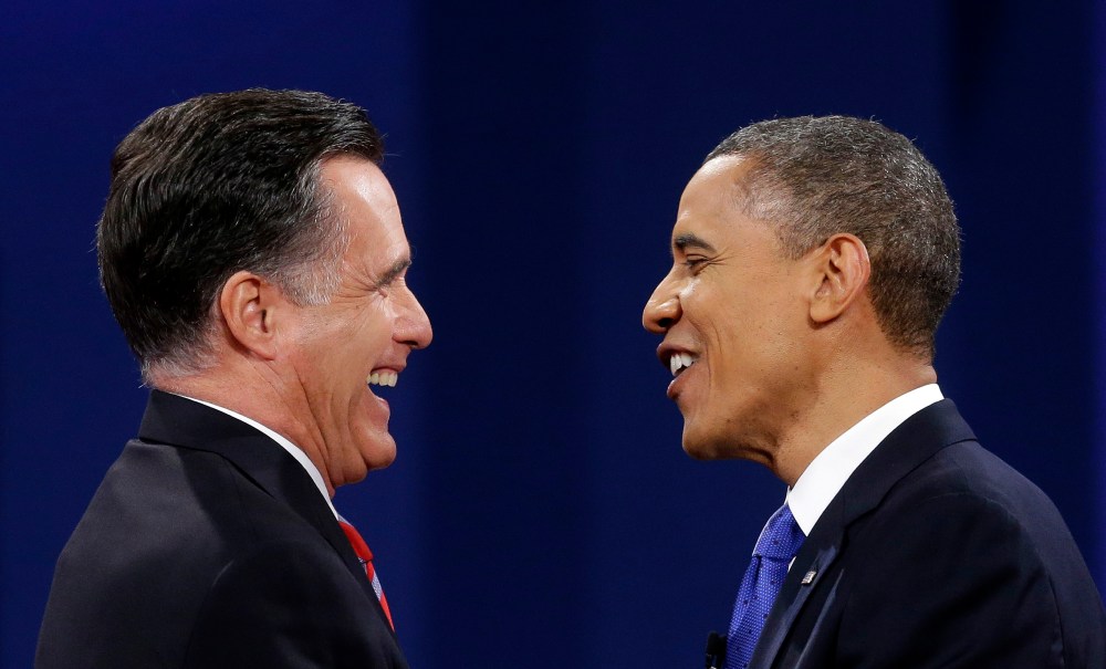 Republican president candidate former Massachusetts Gov. Mitt Romney and President Barack Obama meet at the end of the last debate at Lynn University, Monday, Oct. 22, 2012, in Boca Raton, Fla. (AP Photo/Pablo Martinez Monsivais)