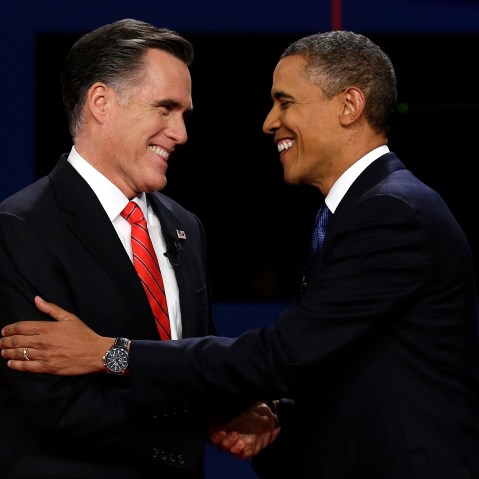 Republican presidential nominee Mitt Romney  and President Barack Obama shake hands during the first presidential debate at the University of Denver, Wednesday, Oct. 3, 2012, in Denver. (Photo: AP/Charlie Neibergall)