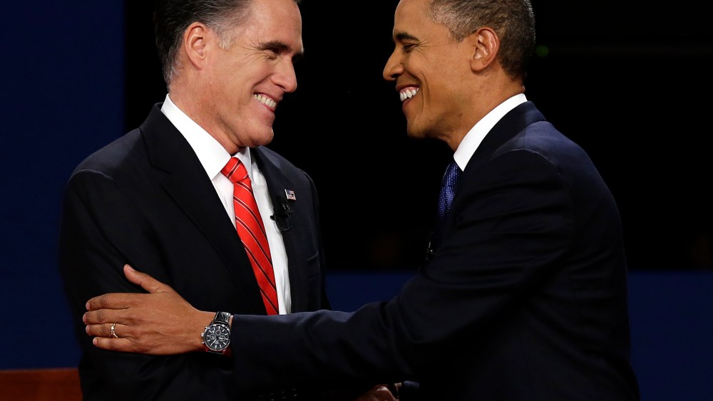 Republican presidential nominee Mitt Romney  and President Barack Obama shake hands during the first presidential debate at the University of Denver, Wednesday, Oct. 3, 2012, in Denver. (Photo: AP/Charlie Neibergall)
