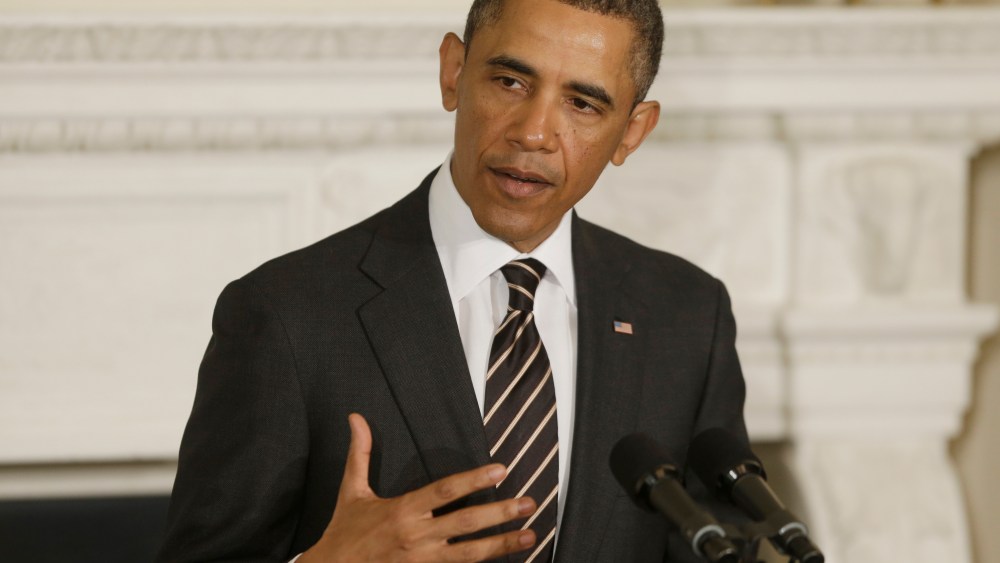 President Barack Obama addresses the National Governors Association in the State Dining Room of the White House in Washington, Monday, Feb. 25, 2013. (AP Photo/Charles Dharapak)