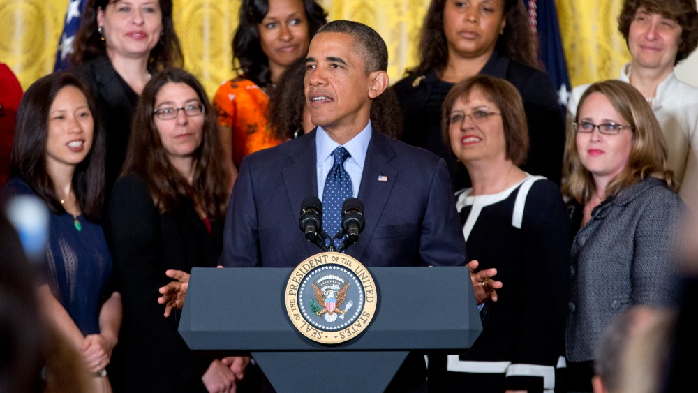 President Barack Obama speaks in the East Room of the White House in Washington, Monday, June 10, 2013, during a ceremony to commemorate the 50th anniversary of the Equal Pay Act. Obama highlighted the gap in pay that still exists between men and women...