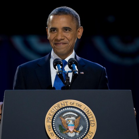 President Barack Obama, accompanied by first last Michelle Obama and daughters Malia and Sasha arrive at the election night party at McCormick Place, Wednesday, Nov. 7, 2012, in Chicago, to proclaim victory in the presidential election. (AP Photo...