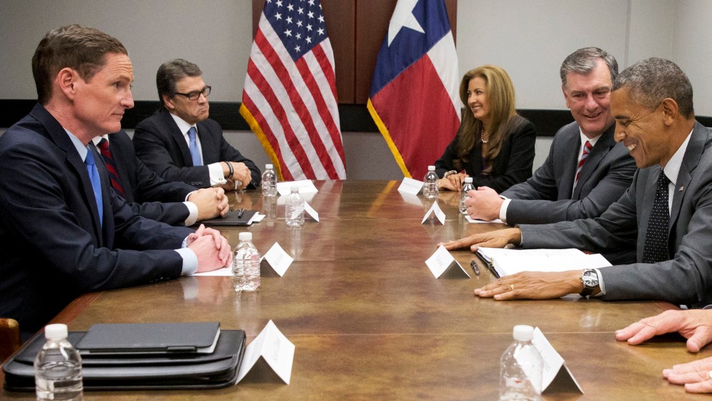 President Barack Obama attends a meeting about the border and immigration with local elected officials and faith leaders at DalFort Fueling in Dallas, Wednesday, July 9, 2014.