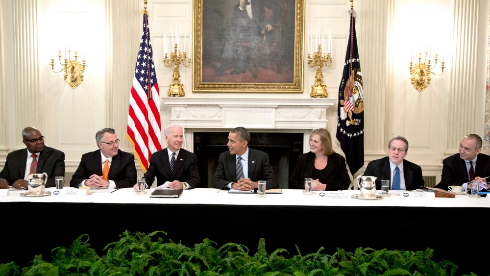 President Barack Obama, Vice President Joe Biden and business leaders meet in the State Dining Room of the White House on Jan. 31, 2014.