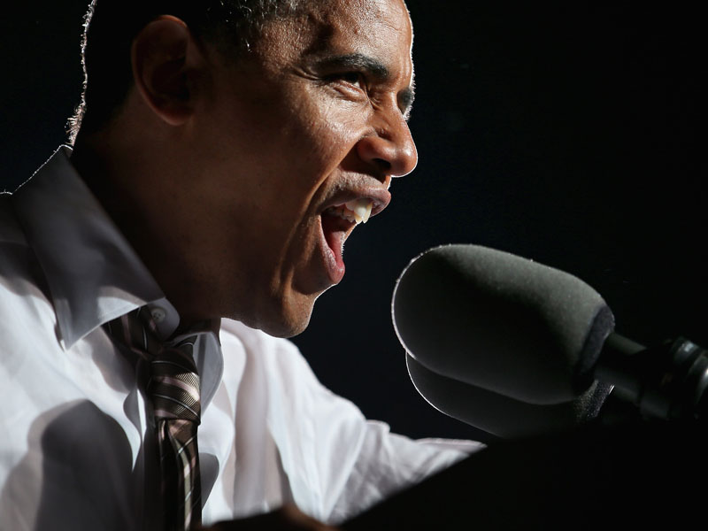CLEVELAND, OH - OCTOBER 25: U.S. President Barack Obama addresses a campaign rally at the Cleveland Burke Lakefront Airport October 25, 2012 in Cleveland, Ohio. With less than two weeks to go before Election Day, Obama and his GOP opponent, former...