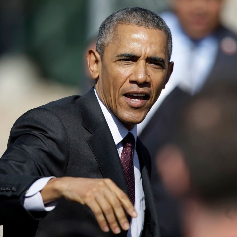 President Barack Obama leaves after speaking about clean-energy jobs, on April 3, 2015, at Hill Air Force Base, Utah. (Photo by Rick Bowmer/AP)