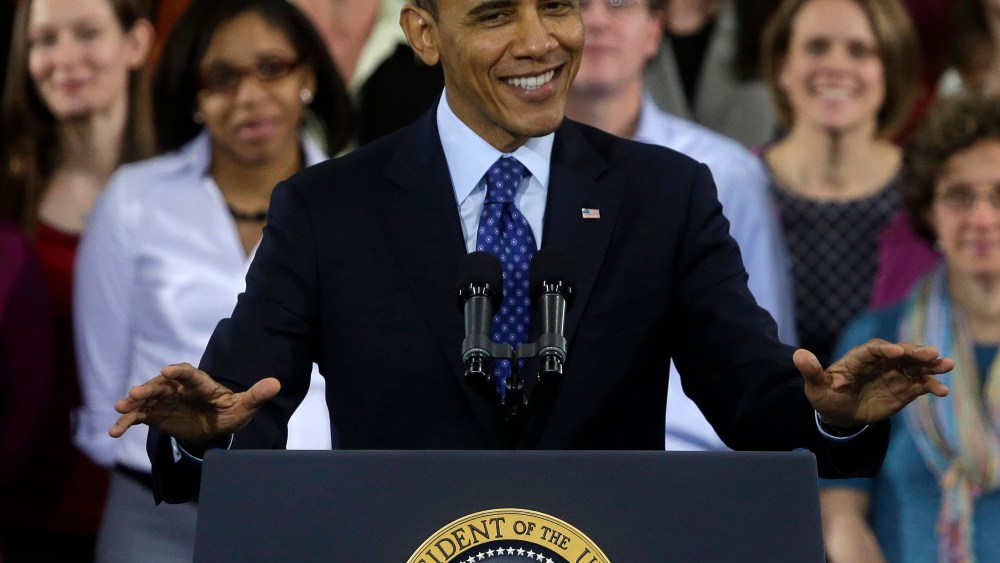 President Barack Obama gestures as he speaks at the Decatur Recreation Center in Decatur, Ga., Thursday,  Feb. 14, 2013 in Decatur, Ga., about his plans for early childhood education, this following his State of the Union address.  (AP Photo/John...