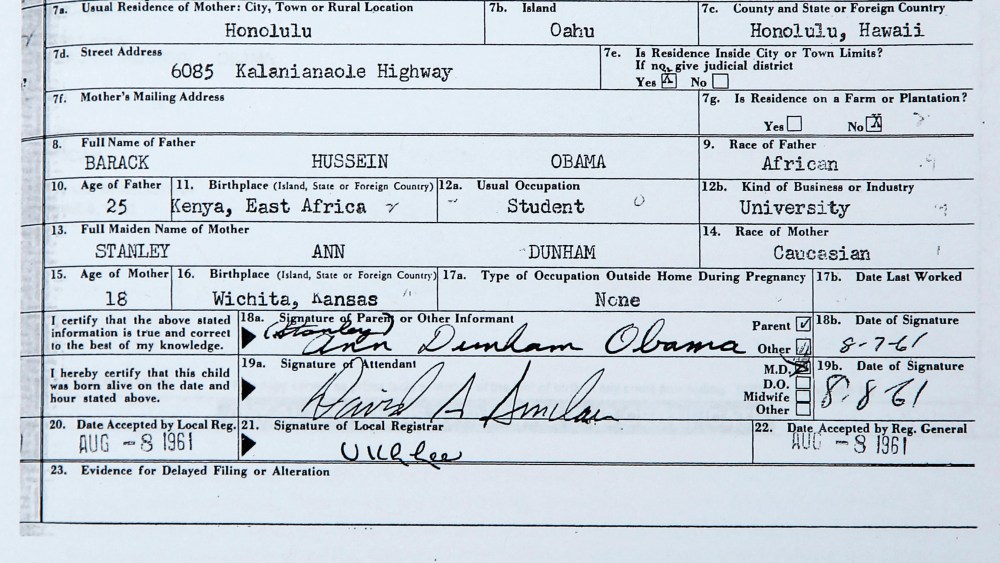 This handout image provided by the White House shows a copy of the long form of President Barack Obama's birth certificate from Hawaii. (Photo by J. Scott Applewhite/AP)