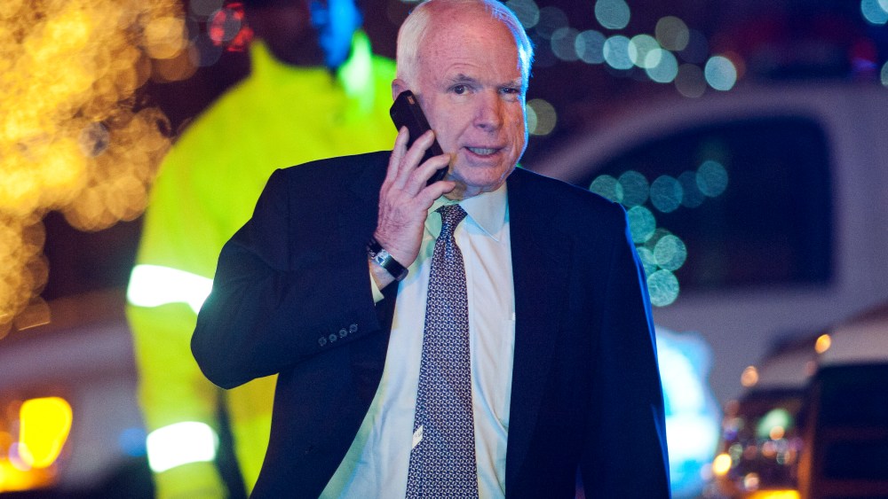 Sen. John McCain, R-Ariz., leaves the Jefferson Hotel after a dinner meeting hosted by President Barack Obama for a few Republican Senators in Washington, Wednesday, March 6, 2013.