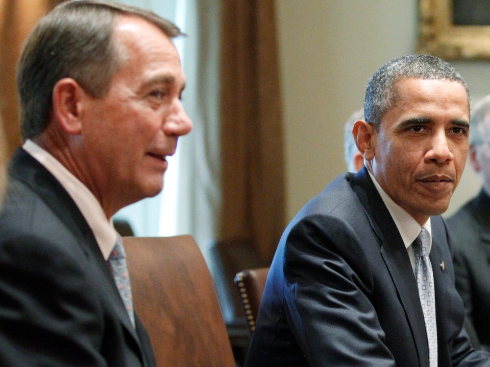 File Photo: President Barack Obama sits with House Speaker John Boehner of Ohio, and Senate Minority Leader Mitch McConnell of Kentucky, and Sen. Dick Durbin, D-Ill., as he meets with Republican and Democratic leaders regarding the debt ceiling in the...