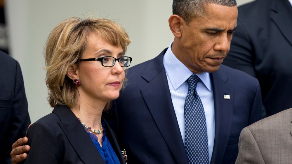 President Barack Obama with former Rep. Gabrielle Giffords in the Rose Garden at the White House in Washington, Wednesday, April 17, 2013, about measures to reduce gun violence.  (Photo by Manuel Balce Ceneta/AP Photo)