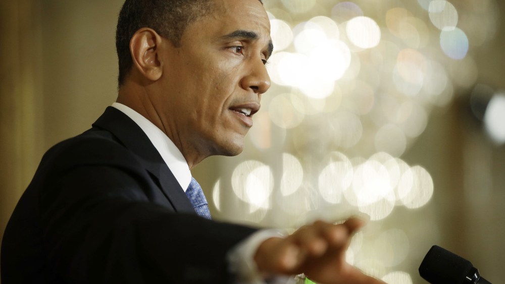President Barack Obama gestures as he answers questions from members of the media during a news conference in the East Room of the White House in Washington, Monday, Jan. 14, 2013.  (Photo by Pablo Martinez Monsivais/AP Photo)