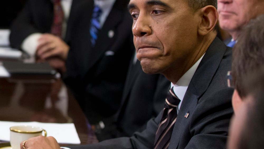 President Barack Obama pauses as he speaks to media before a meeting with mayors and newly-elected mayors from across the country, Friday, Dec. 13, 2013, in the Roosevelt Room of the White House.