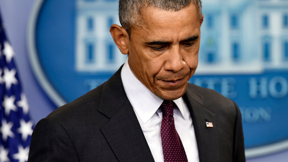 President Barack Obama speaks at the White House in Washington, Oct. 1, 2015, about the shooting at the Umpqua Community College in Roseburg, Ore. (Photo by Susan Walsh/AP)