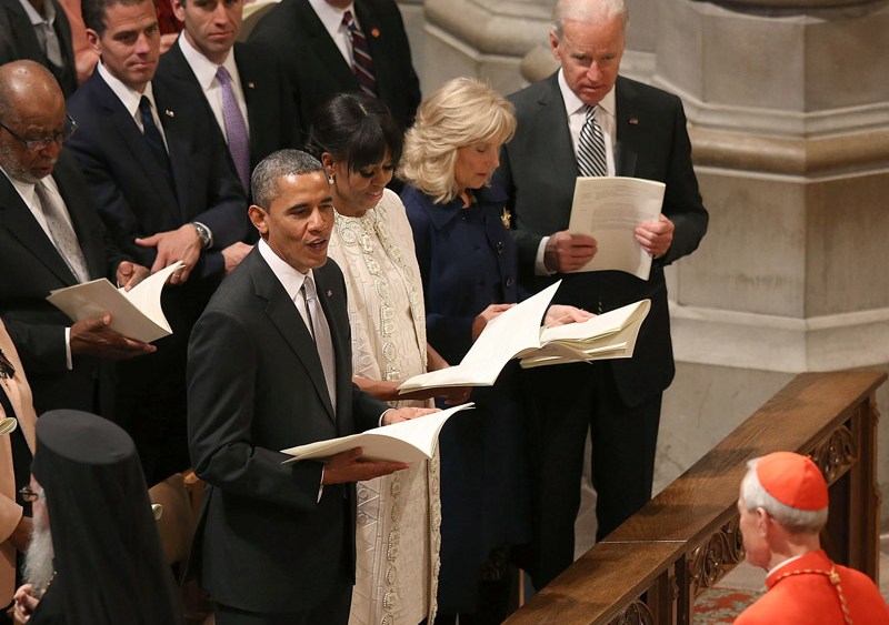 President Barack Obama, first lady Michelle Obama, Dr. Jill Biden and Vice President Jose Biden participate in the National Prayer Service at the National Cathedral, on January 22, 2013 in Washington, DC. (Photo by Mark Wilson/Getty Images)
