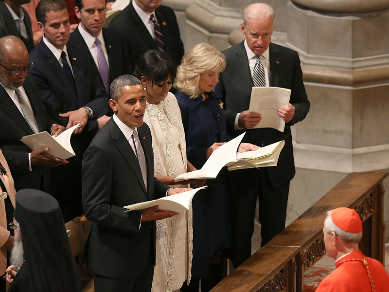 President Barack Obama, first lady Michelle Obama, Dr. Jill Biden and Vice President Jose Biden participate in the National Prayer Service at the National Cathedral, on January 22, 2013 in Washington, DC. (Photo by Mark Wilson/Getty Images)