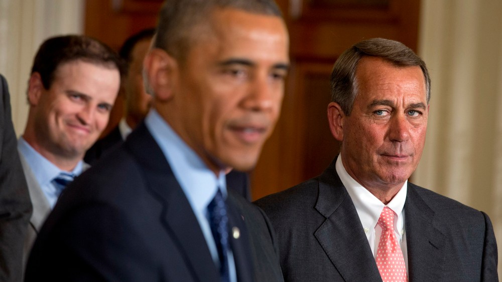 House Speaker John Boehner, R-Ohio, watches President Barack Obama speak during a ceremony in the East Room of the White House, Tuesday, June 24, 2014.