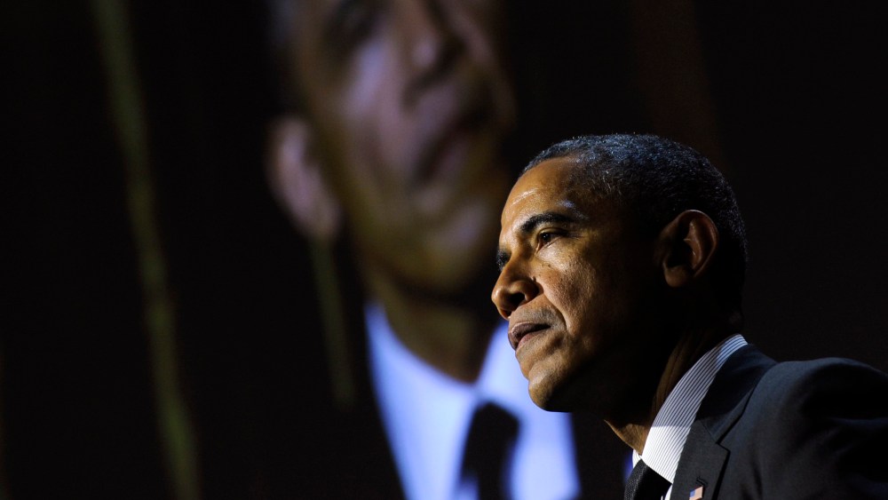 President Barack Obama speaks at the USC Shoah Foundation'­s 20th anniversary Ambassadors for Humanity gala in Los Angeles, May 7, 2014.