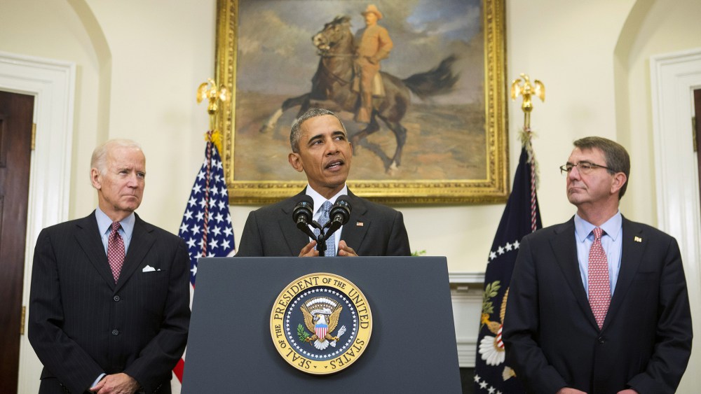 President Barack Obama, accompanied by Vice President Joe Biden and Defense Secretary Ash Carter, speaks in the Roosevelt Room of the White House in Washington, D.C., Feb. 23, 2016. (Photo by Pablo Martinez Monsivais/AP)