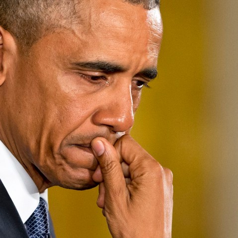 An emotional President Barack Obama pauses as he speaks about the youngest victims of the Sandy Hook shootings, Jan. 5, 2016, in the East Room of the White House in Washington, D.C. (Photo by Jacquelyn Martin/AP)