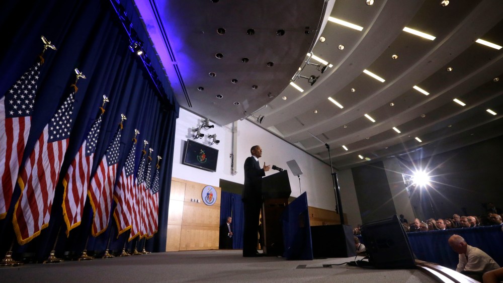 President Barack Obama talks about national security, Thursday, May 23, 2013, at the National Defense University at Fort McNair in Washington. Declaring America at a "crossroads" in the fight against terrorism, the president revealed clearer guidelines...