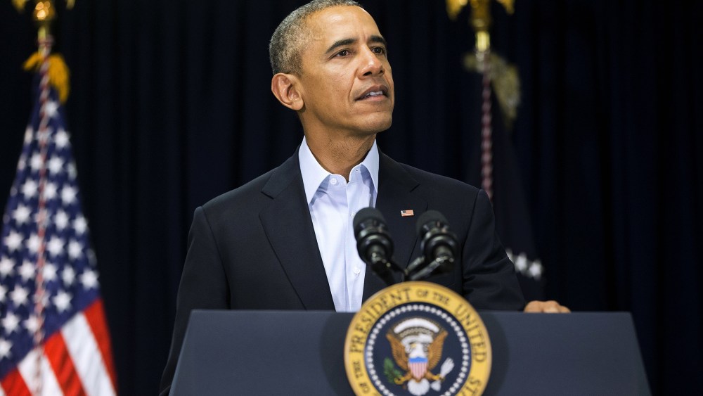 President Barack Obama walks to the podium to speak to reporters at Omni Rancho Las Palmas in Rancho Mirage, Calif., Feb. 13, 2016. (Photo by Pablo Martinez Monsivais/AP)