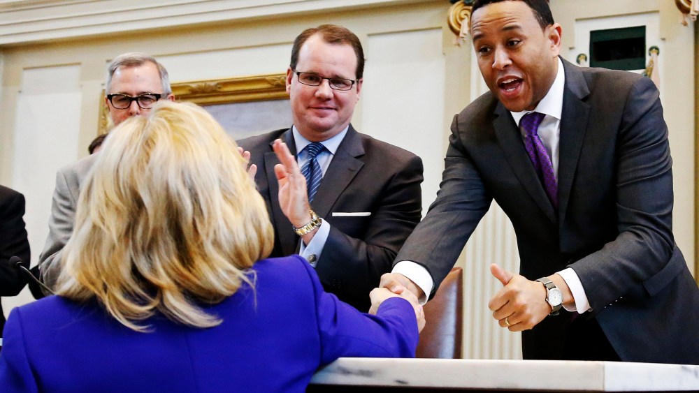 Speaker of the Oklahoma House T.W. Shannon greets Oklahoma Governor Mary Fallin during a joint session of the legislature in Oklahoma City, Feb. 3, 2014.