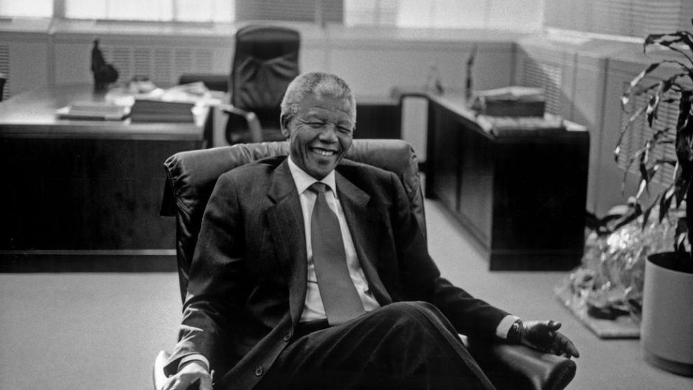 Nelson Mandela, leader of the African National Congress Party, in his office, 1993.