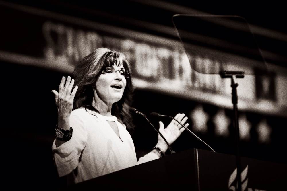 Sarah Palin speaks at the NRA Stand and Fight Rally at Lucas Oil Stadium in Indianapolis, Indiana, April 26, 2014.