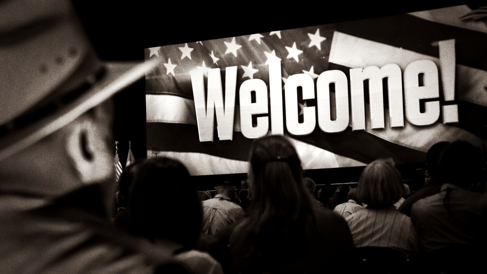 Attendees await speakers at the National Rifle Association's (NRA) annual meeting in Indianapolis, Indiana on April 25, 2014.