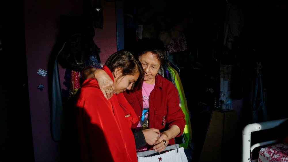 Carleigh Campbell, 12, 6th grader at Wounded Knee school with her grandmother Shirley Campbell outside of Manderson on the Pine Ridge reservation.