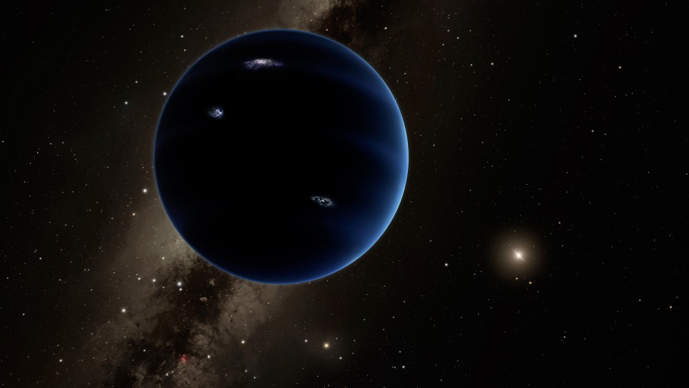 This artistic rendering shows the distant view from Planet Nine back towards the sun. The planet is thought to be gaseous, similar to Uranus and Neptune. Hypothetical lightning lights up the night side.