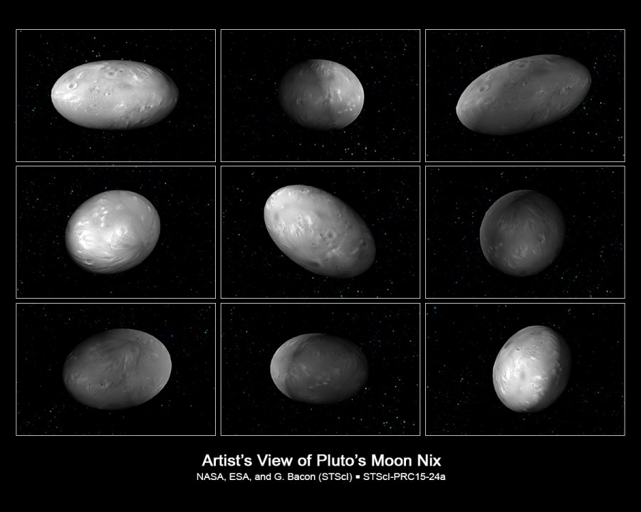 This set of artist's illustrations of Pluto's moon Nix shows how the orientation of the moon changes unpredictably as it orbits the 